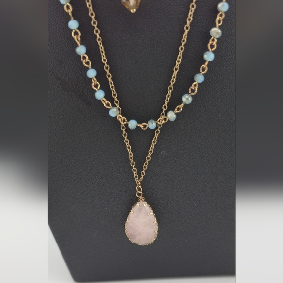 Layered Gold Tone Necklace w/ Rose Quartz & Crystal Beads 28” - Picture 9 of 9